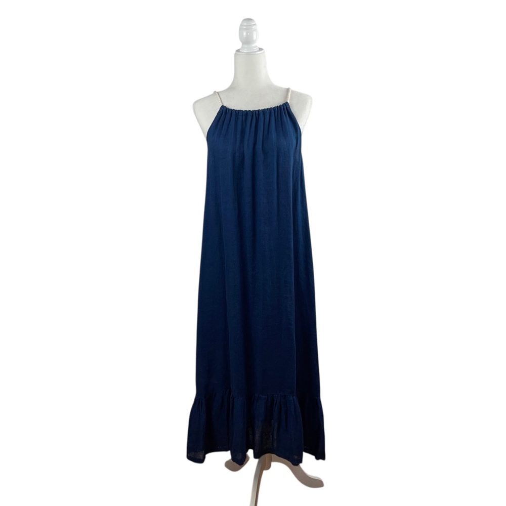 Antibes Blanc Halter Linen Navy Blue with Rope Straps Maxi Dress Sz S - Picture 3 of 8